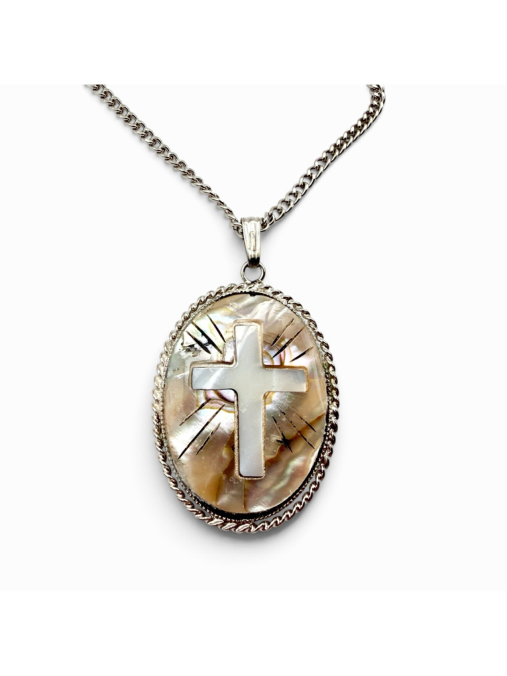 Vintage Mother of Pearl Cross Pendant Necklace, Religious Christian Necklace
